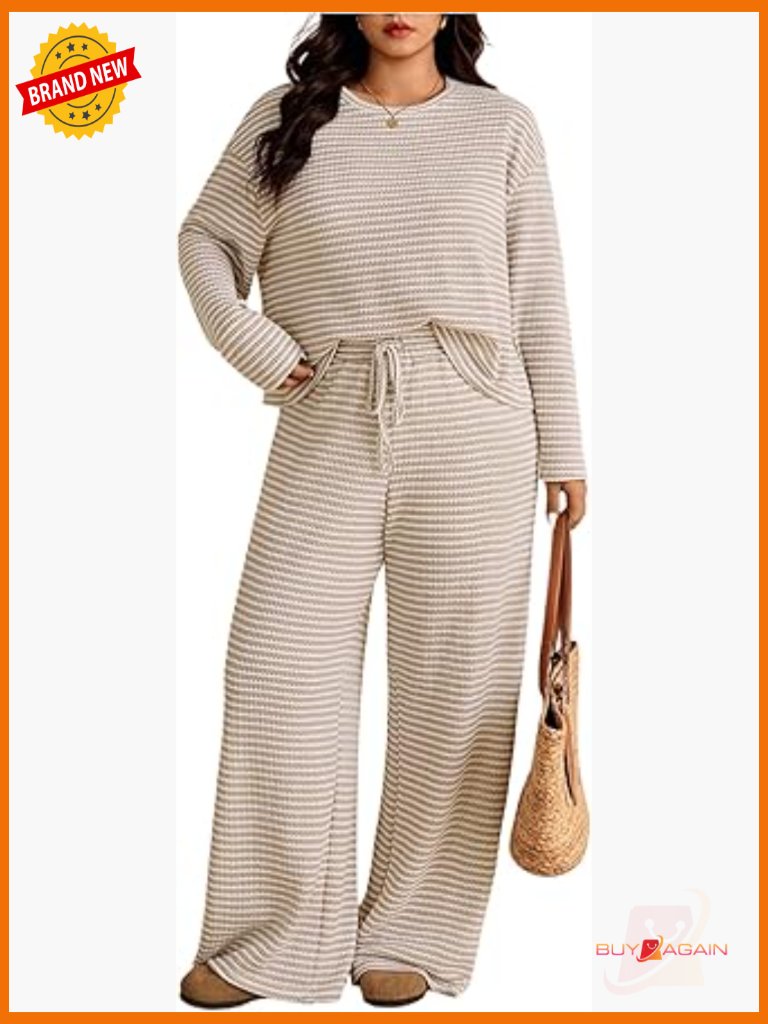 Plus Size 2 Piece Striped Long Sleeve Top & Sweatpants Set